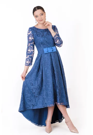 Rochie asimetrica din dantela macrame albastru petrol decorata cu funda