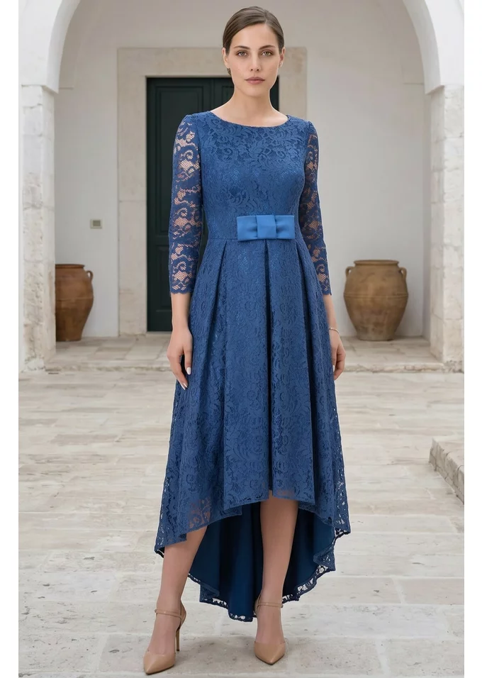 Rochie asimetrica din dantela macrame albastru petrol decorata cu funda