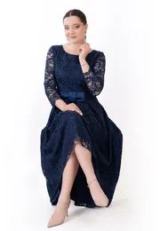 Rochie asimetrica din dantela macrame navy decorata cu funda