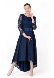 Rochie asimetrica din dantela macrame navy decorata cu funda