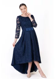Rochie asimetrica din dantela macrame navy decorata cu funda