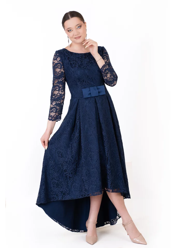 Rochie asimetrica din dantela macrame navy decorata cu funda
