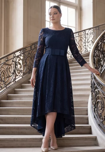 Rochie asimetrica din dantela macrame navy decorata cu funda