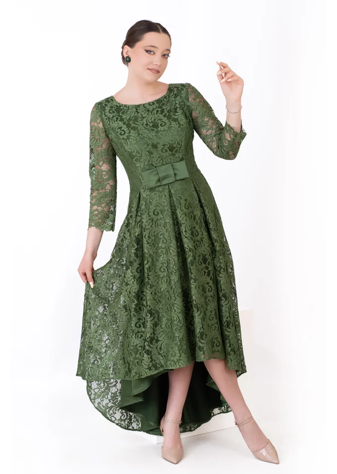 Rochie asimetrica din dantela macrame verde pin decorata cu funda