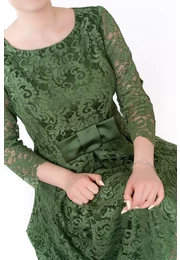 Rochie asimetrica din dantela macrame verde pin decorata cu funda