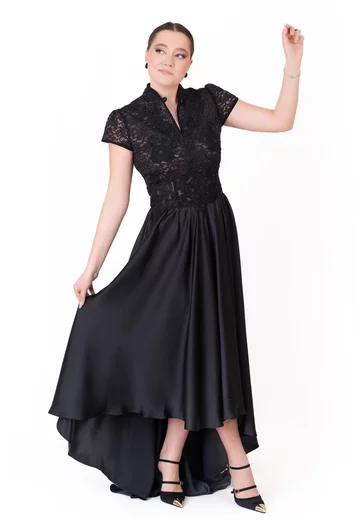 Rochie asimetrica  eleganta dark beauty din dantela tip macrame si tafta fina
