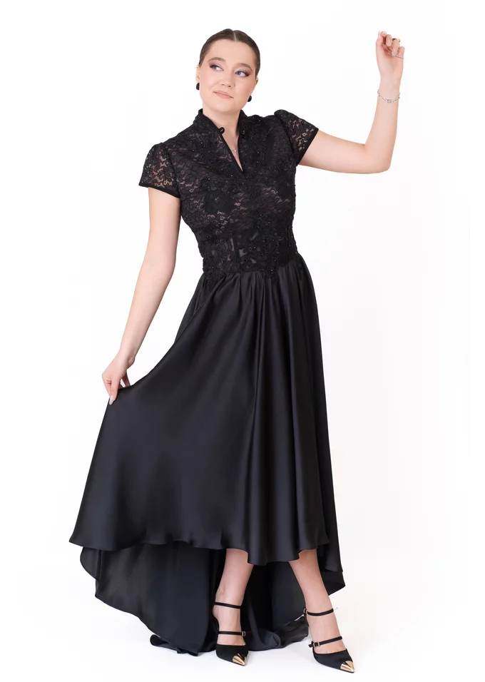 Rochie asimetrica  eleganta dark beauty din dantela tip macrame si tafta fina