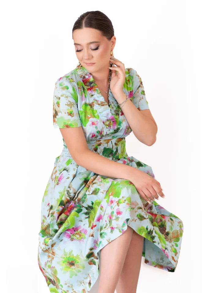Rochie bloom garden din poplin imprimat cu detaliu tip volan