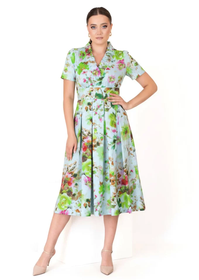 Rochie bloom garden din poplin imprimat cu detaliu tip volan