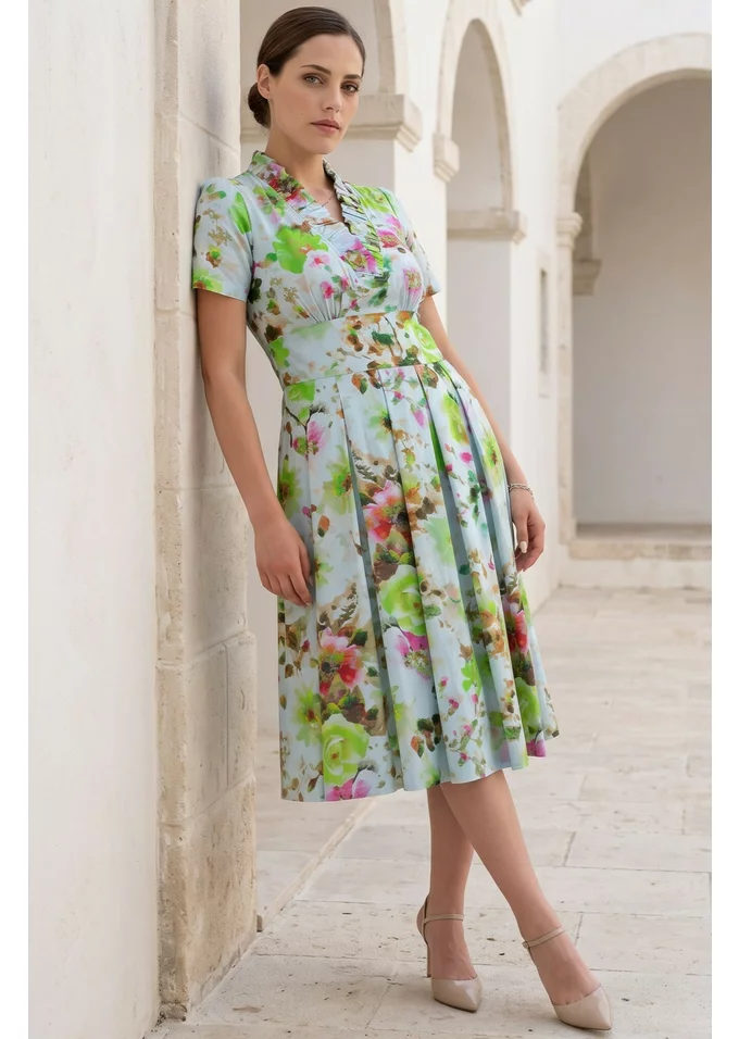 Rochie bloom garden din poplin imprimat cu detaliu tip volan