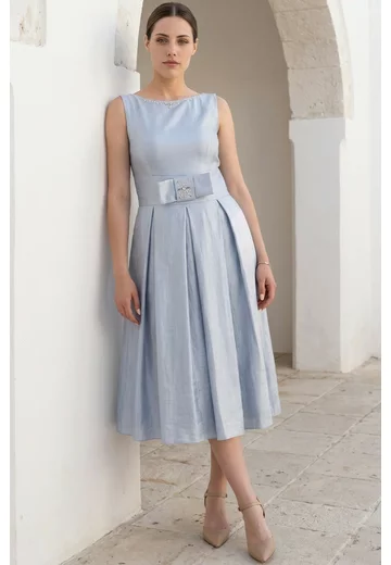 Rochie blue sky din organza satinata decorata cu funda