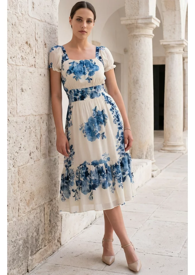Rochie ceramic bloom din voal de vascoza cu maneci elasticizate