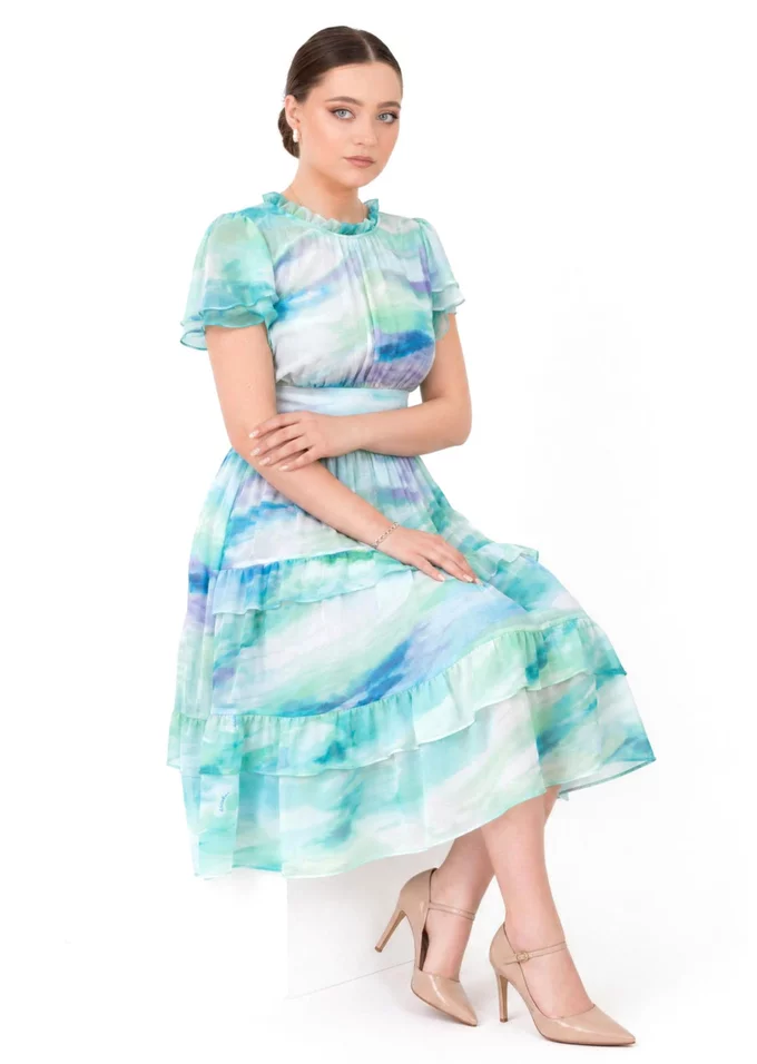 Rochie cocktail aqua pastel din matase in degrade