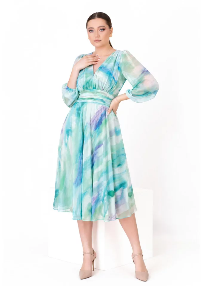 Rochie cocktail aqua pastel din matase in degrade cu decolteu in V