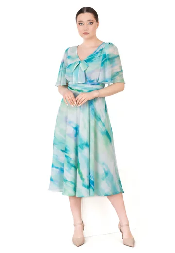 Rochie cocktail aqua pastel din matase in degrade cu detaliu tip fundita