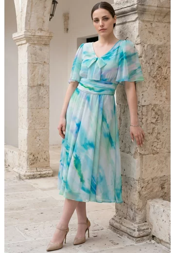 Rochie cocktail aqua pastel din matase in degrade cu detaliu tip fundita