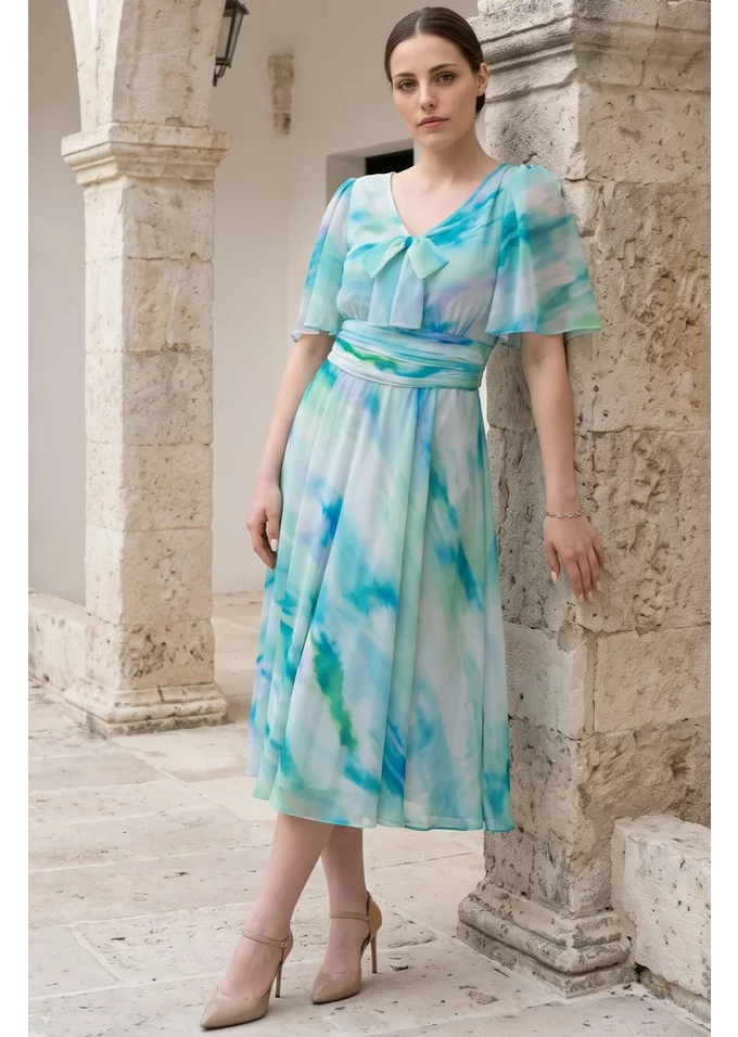 Rochie cocktail aqua pastel din matase in degrade cu detaliu tip fundita