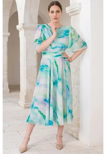 Rochie cocktail aqua pastel din matase in degrade cu drapaj