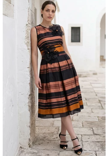 Rochie cocktail brownie stripes din organza de matase cu dungi