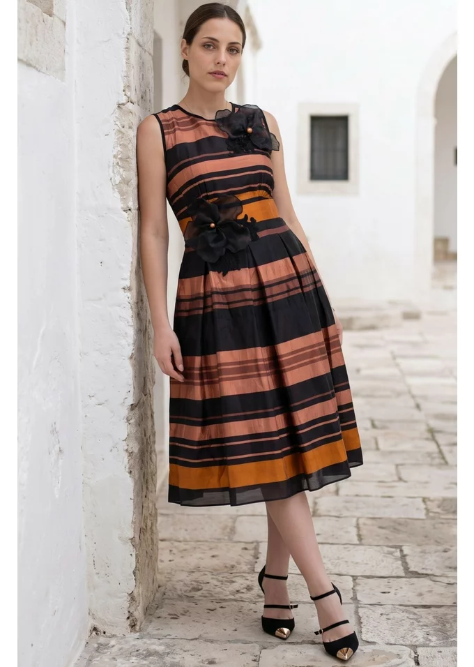 Rochie cocktail brownie stripes din organza de matase cu dungi
