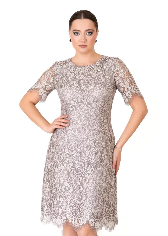 Rochie cocktail celestial grace din dantela peliculizata gri argintiu