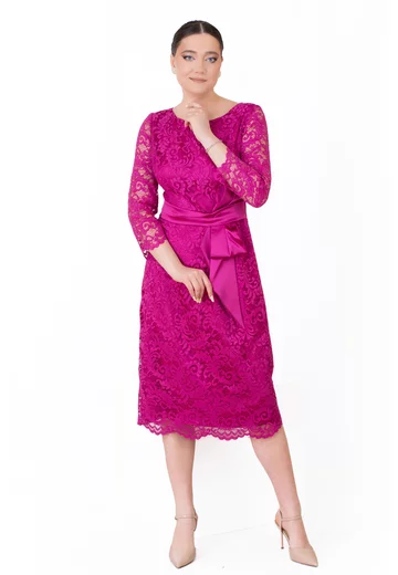 Rochie conica din dantela macrame magenta cu detaliu tip funda