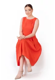 Rochie coral din in cu floare ton in ton