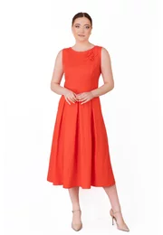 Rochie coral din in cu floare ton in ton