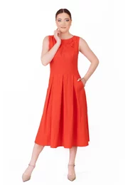 Rochie coral din in cu floare ton in ton