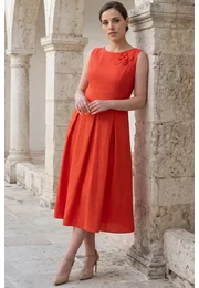 Rochie coral din in cu floare ton in ton