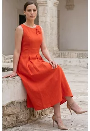 Rochie coral din in cu floare ton in ton