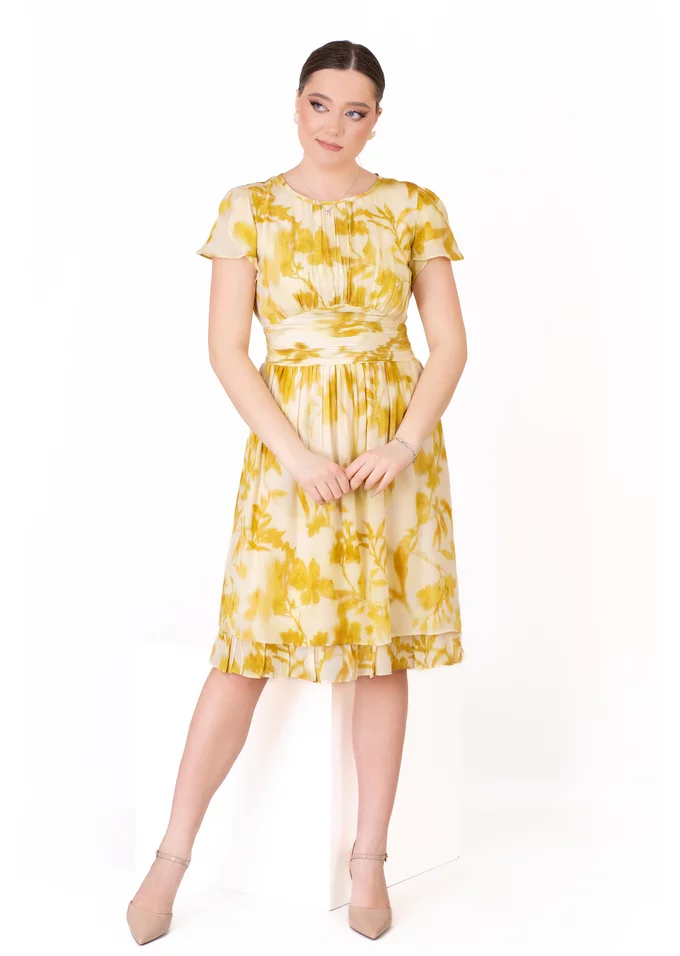 Rochie cu volanas din vascoza soft vanilla cu print floral