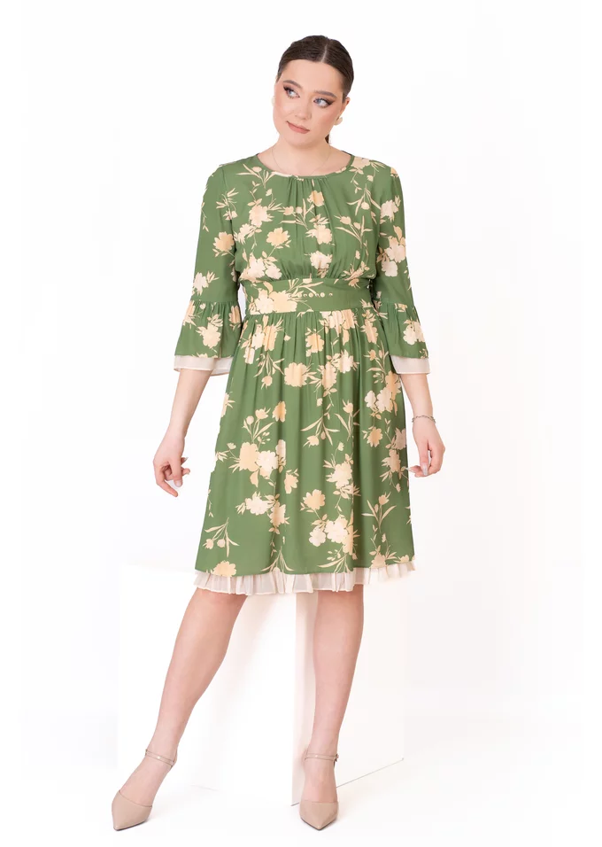 Rochie cu volane wild flowers din vascoza verde menta