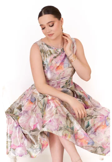 Rochie de cocktail color fusion din tafta cu pietre