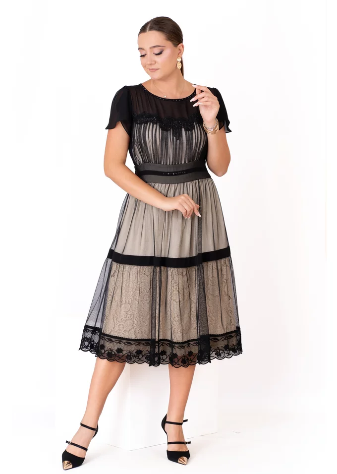 Rochie de cocktail cream seraphina cu treceri fine negre
