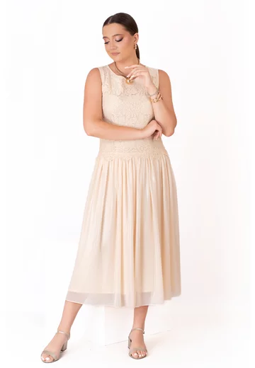Rochie de cocktail serenity lace din dantela tip macrame si voal cream butter