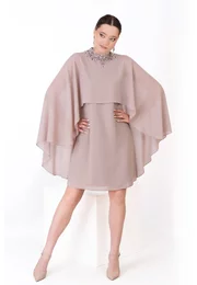 Rochie de gala a line glam beige din voal chiffon