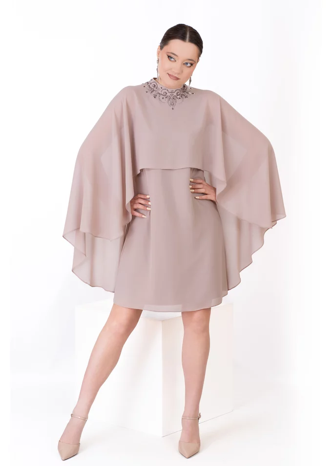 Rochie de gala a line glam beige din voal chiffon