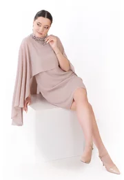 Rochie de gala a line glam beige din voal chiffon