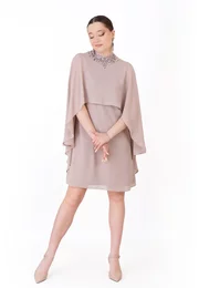 Rochie de gala a line glam beige din voal chiffon