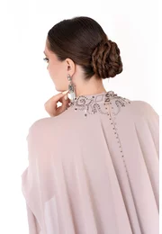 Rochie de gala a line glam beige din voal chiffon