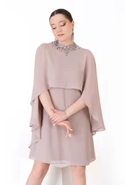 Rochie de gala a line glam beige din voal chiffon