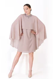Rochie de gala a line glam beige din voal chiffon