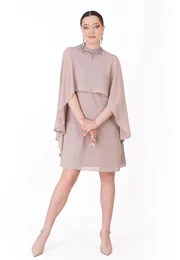 Rochie de gala a line glam beige din voal chiffon