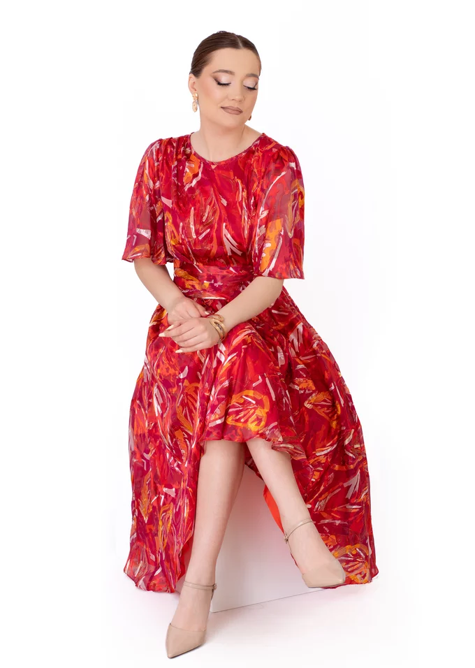 Rochie de gala absolute red fire din voal devore cu drapaj