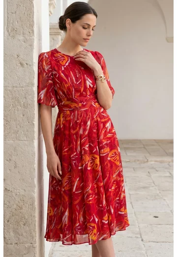 Rochie de gala absolute red fire din voal devore cu drapaj