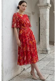 Rochie de gala absolute red fire din voal devore cu drapaj