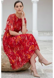 Rochie de gala absolute red fire din voal devore cu drapaj