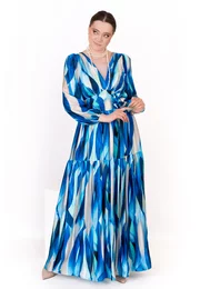 Rochie de gala aqua fever din matase imprimata in nuante de albastru abstract