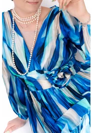 Rochie de gala aqua fever din matase imprimata in nuante de albastru abstract